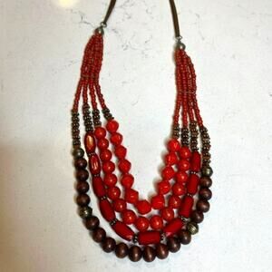 Multi-Strand Coral & Brown Beaded Necklace